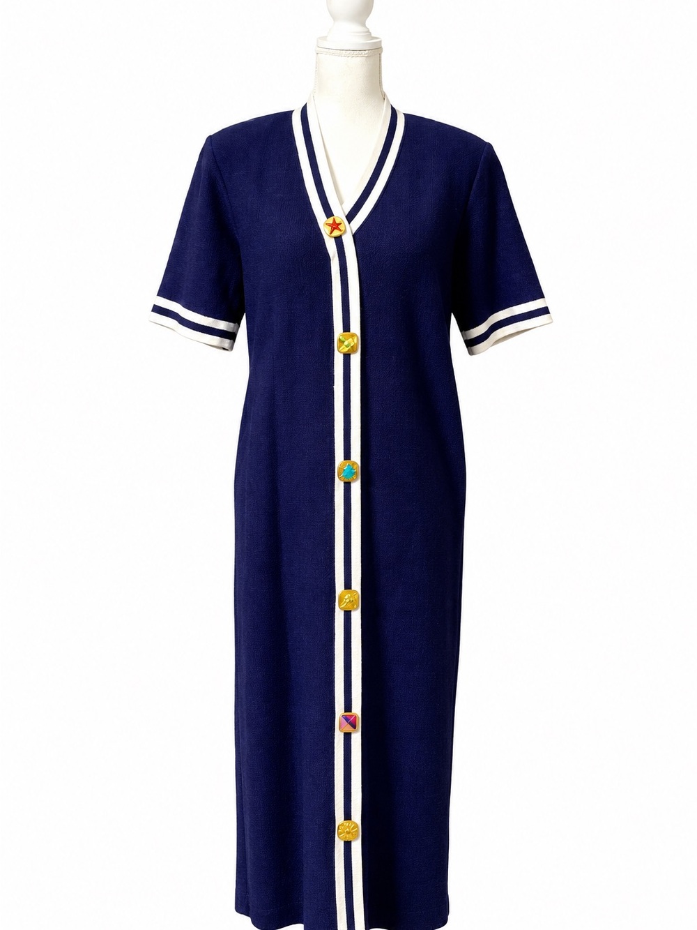 VTG AlNoral  Navy Blue/White Wool Blend Dress w/Gold Buttons